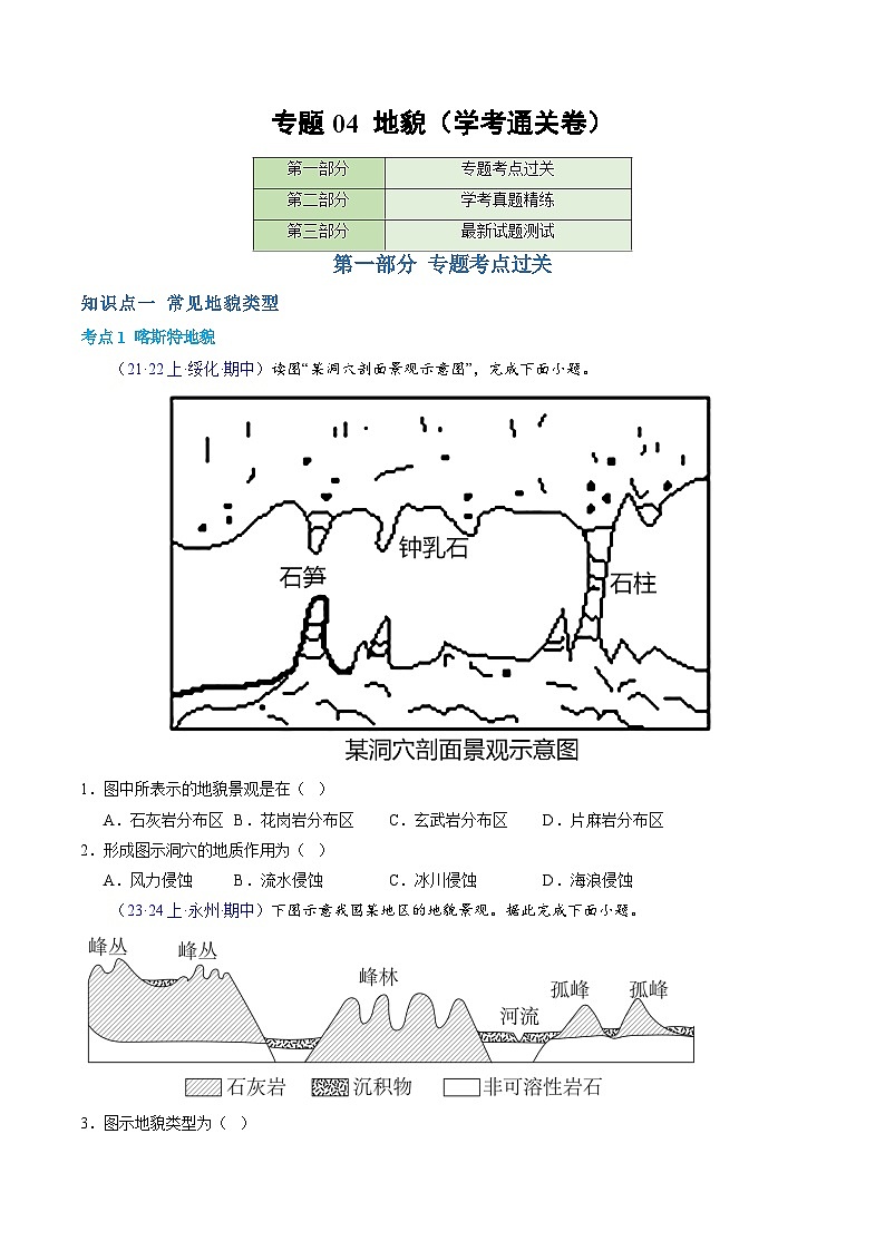 【学考复习】2024年高中地理学业水平考试（新教材专用）专题04 地貌模拟卷01