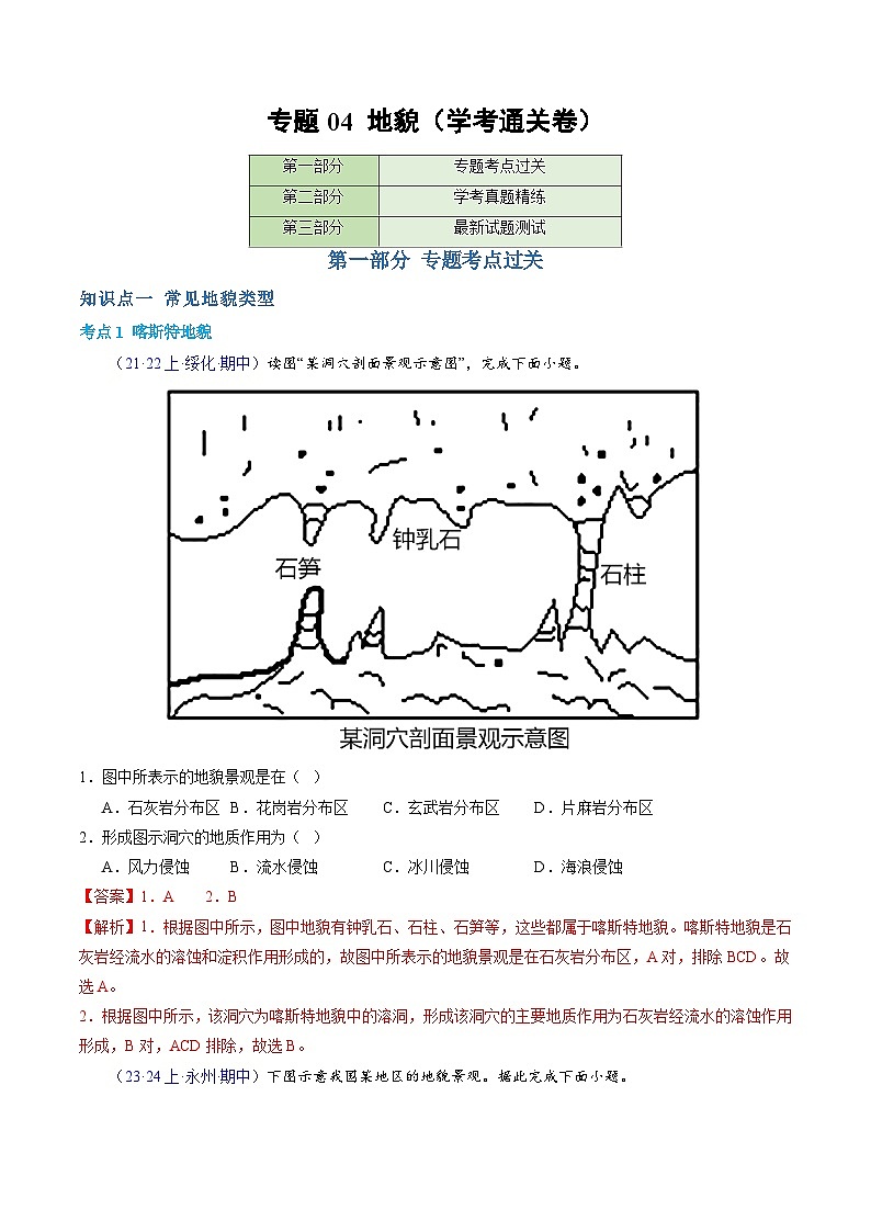 【学考复习】2024年高中地理学业水平考试（新教材专用）专题04 地貌模拟卷01