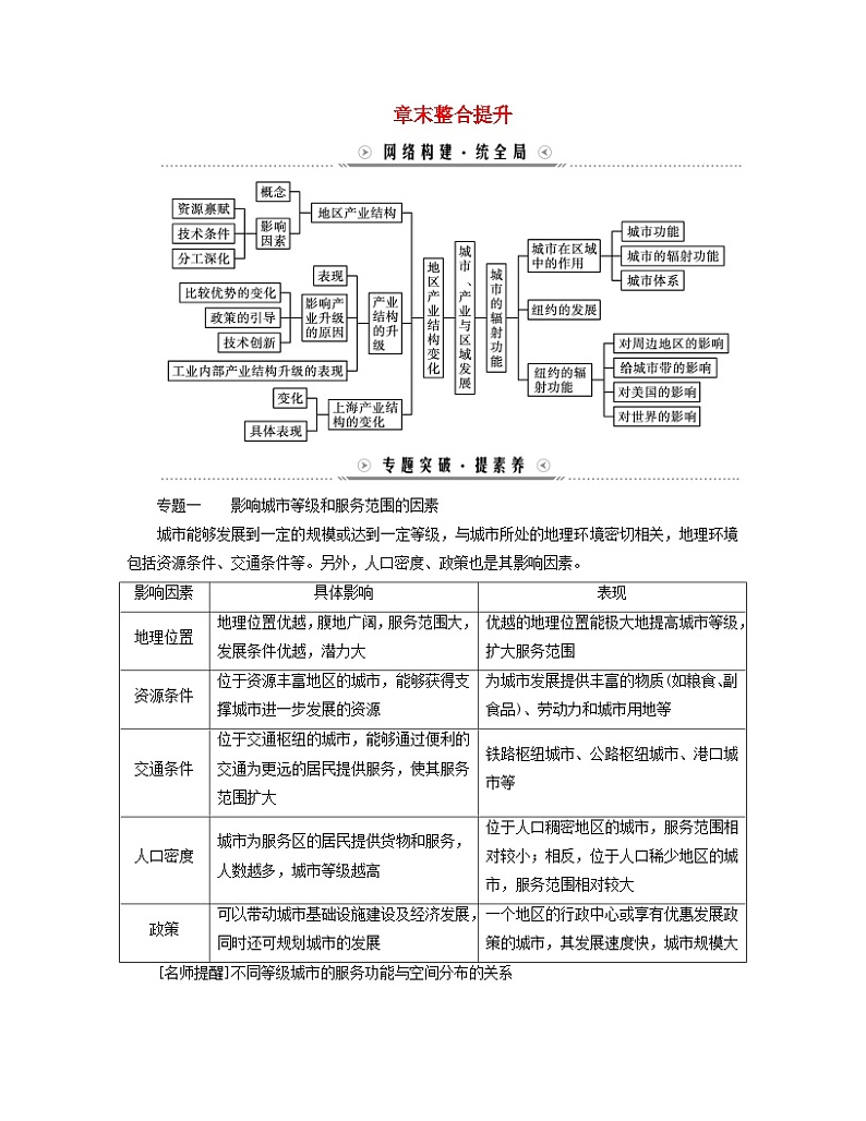 新教材适用2023_2024学年高中地理第3章城市产业与区域发展章末整合提升学案新人教版选择性必修201
