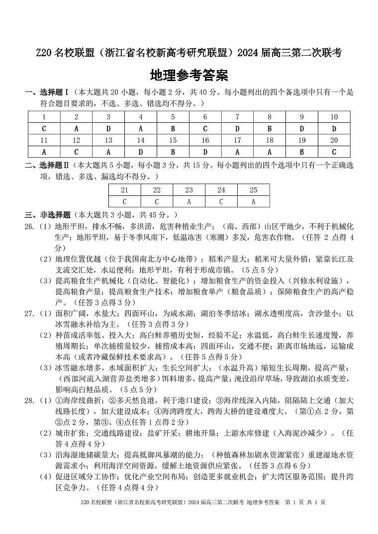 浙江省Z20名校联盟2023-2024学年高三上学期12月月考地理答案第1页