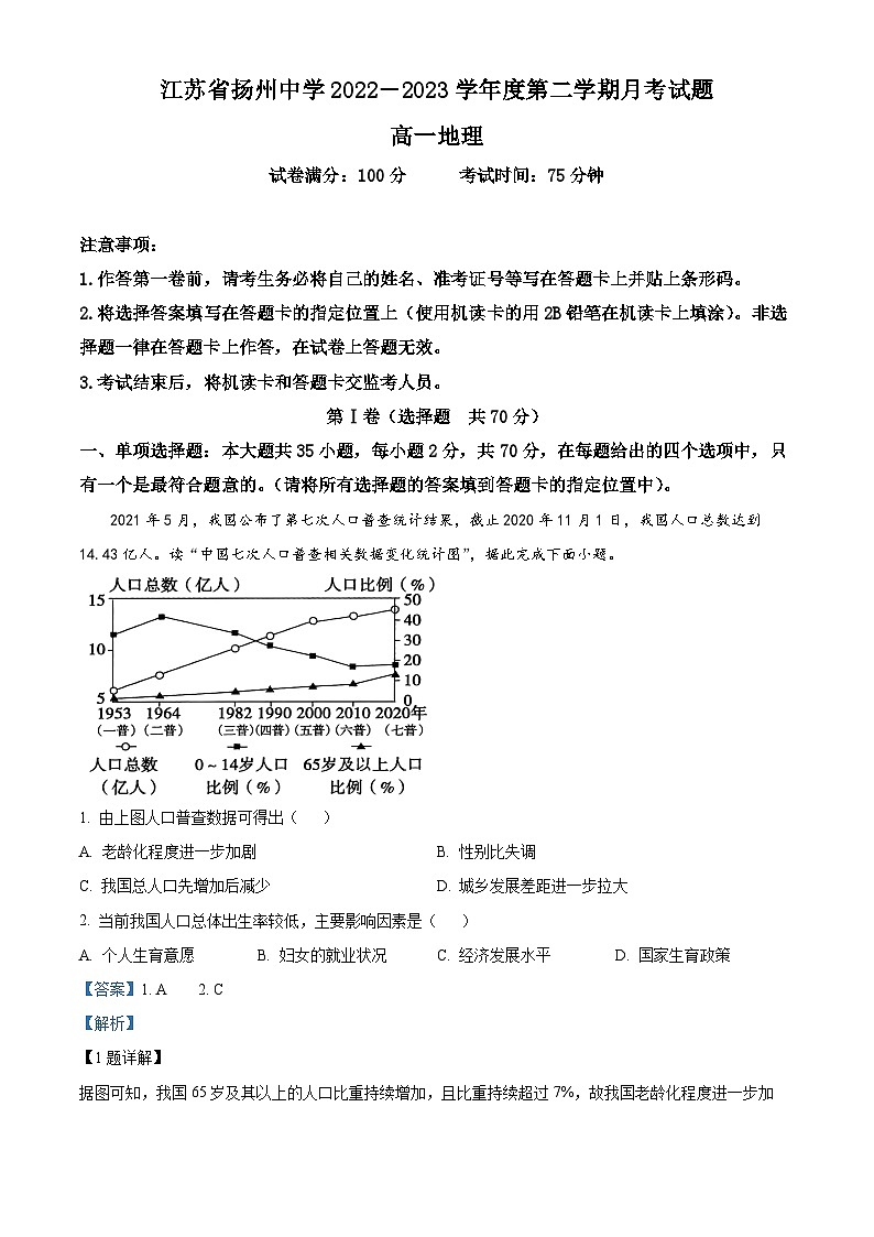 江苏省扬州市扬州中学2022-2023学年高一下学期5月月考地理试题（Word版附解析）01