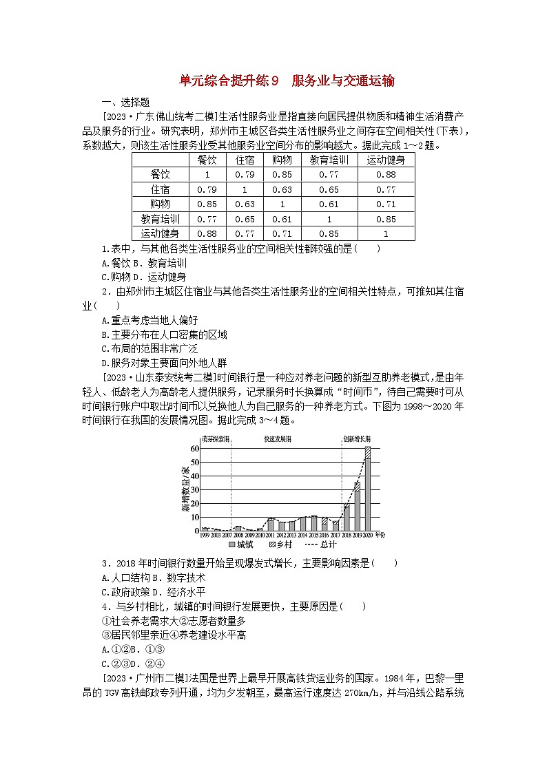 新教材2024高考地理二轮专题复习单元综合提升练9服务业与交通运输第1页