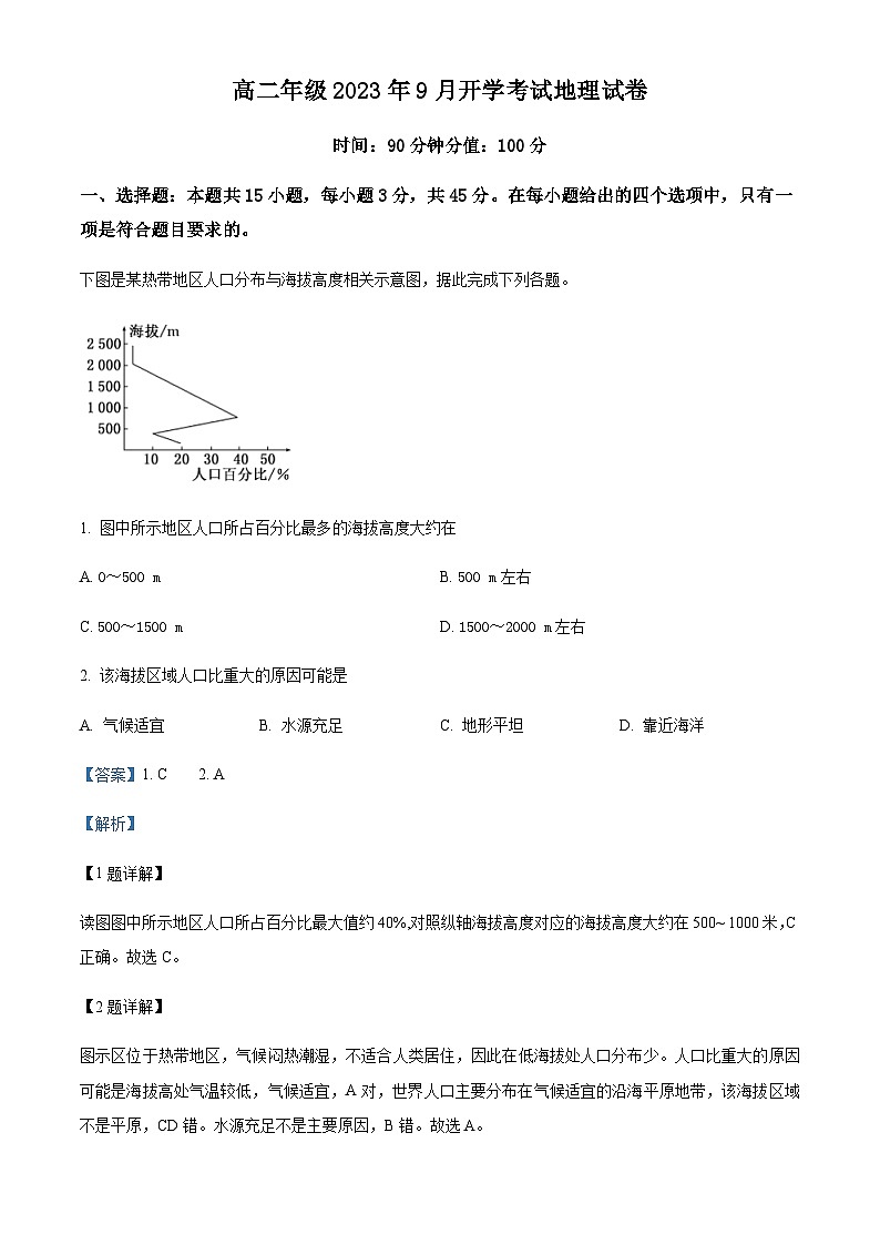 2023-2024学年海南省海口市琼山中学高二上学期开学地理试题含解析01