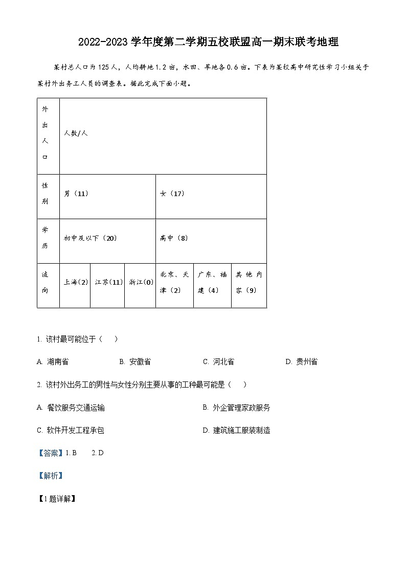 2022-2023学年广东省茂名市五校联盟高一下学期期末联考地理试题含解析01