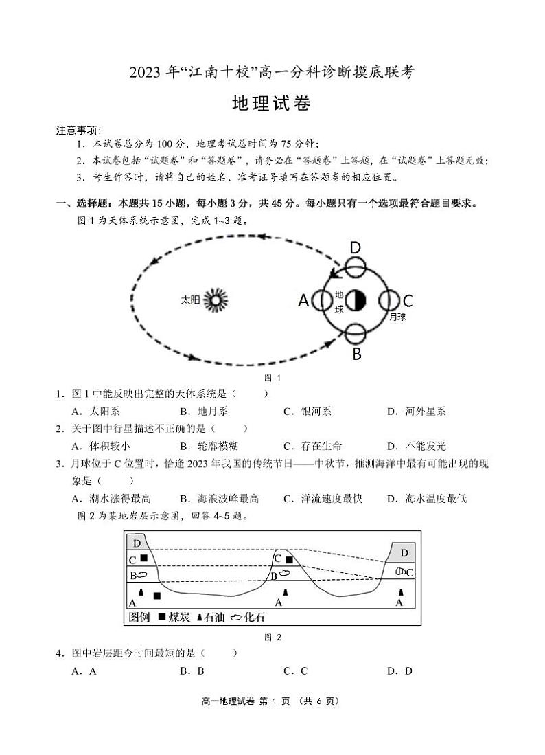 2024安徽省江南十校高一上学期分科诊断摸底联考试题地理含答案01