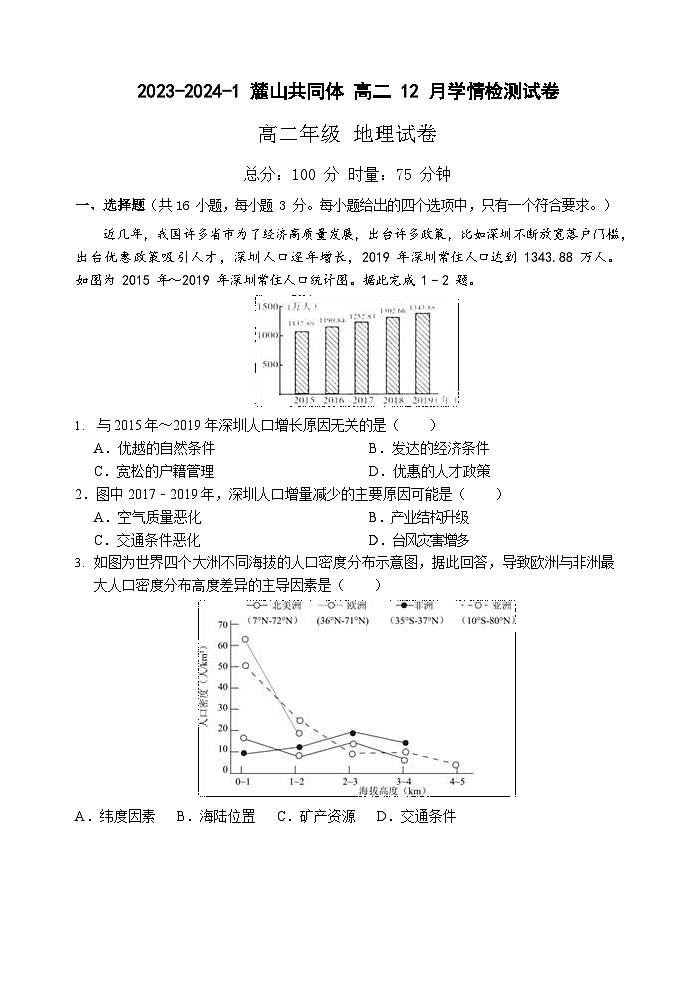湖南省长沙市麓山国际共同体2023-2024学年高二上学期12月月考地理试题01