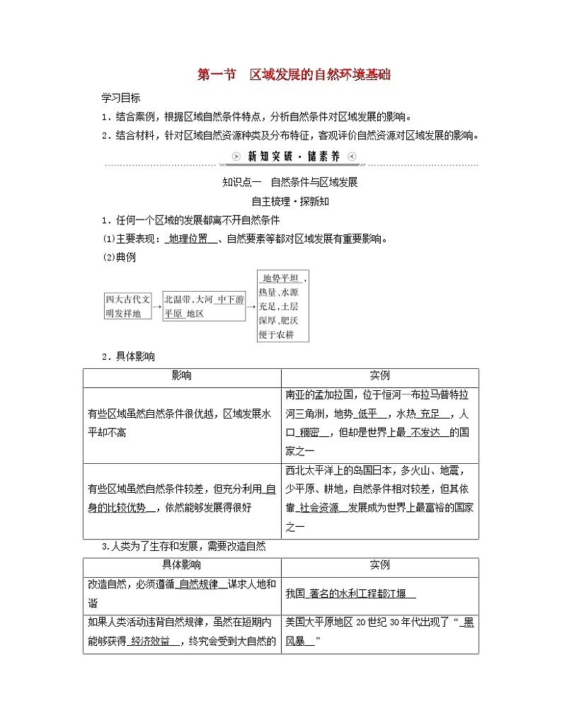 新教材适用2023_2024学年高中地理第2章资源环境与区域发展第1节区域发展的自然环境基础学案新人教版选择性必修201