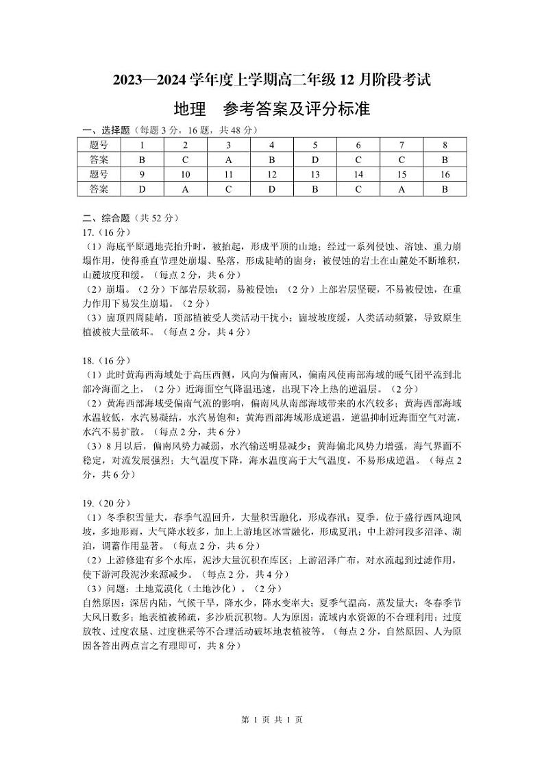 辽宁省盘锦市高级中学2023-2024学年高二上学期12月阶段联考地理答案第1页