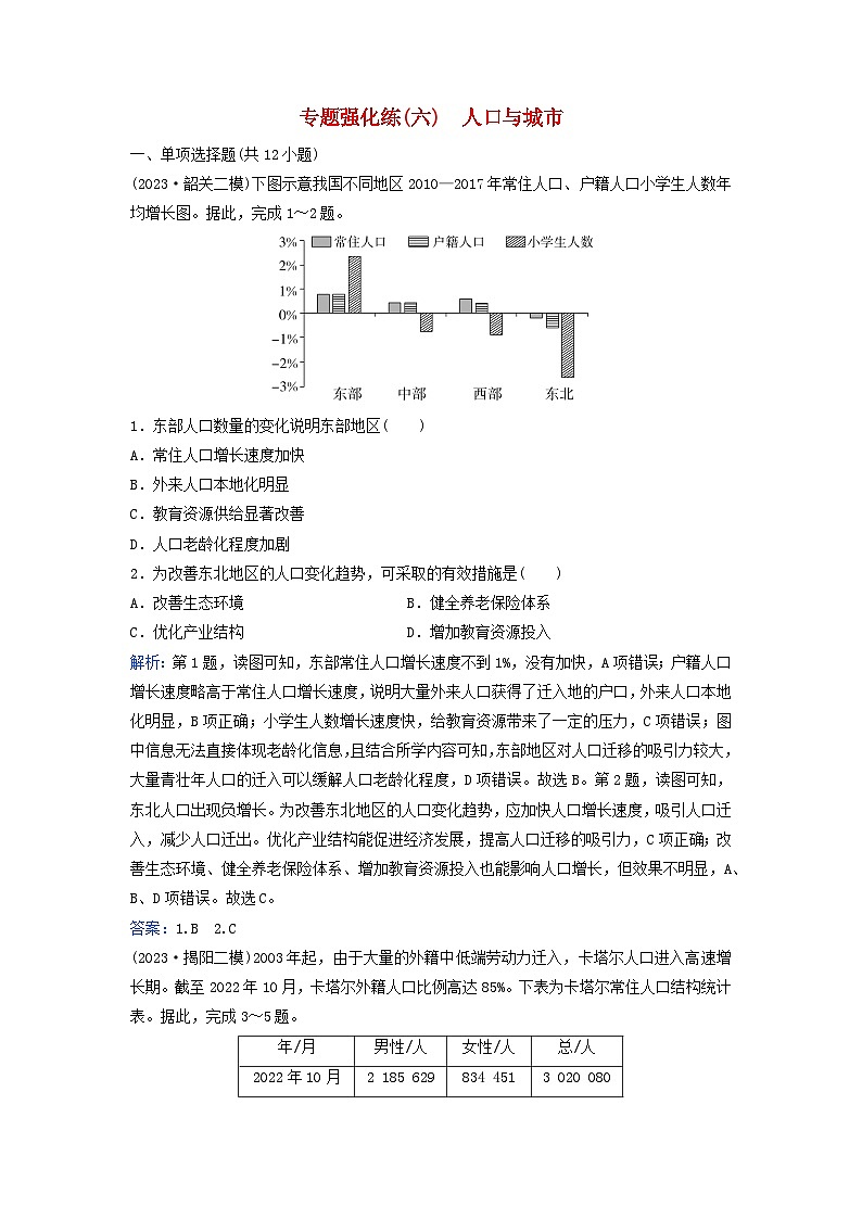 2024届高考地理二轮专题复习与测试专题强化练六人口与城市（附解析）第1页