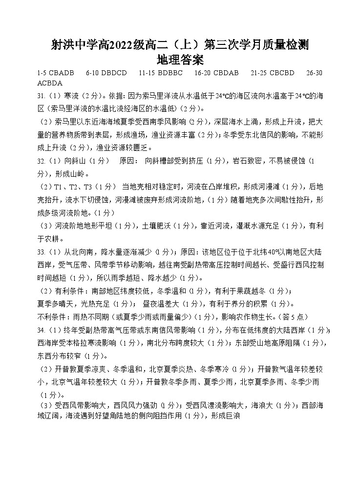2024四川省射洪中学高二上学期第三次质量检测试题地理含答案01