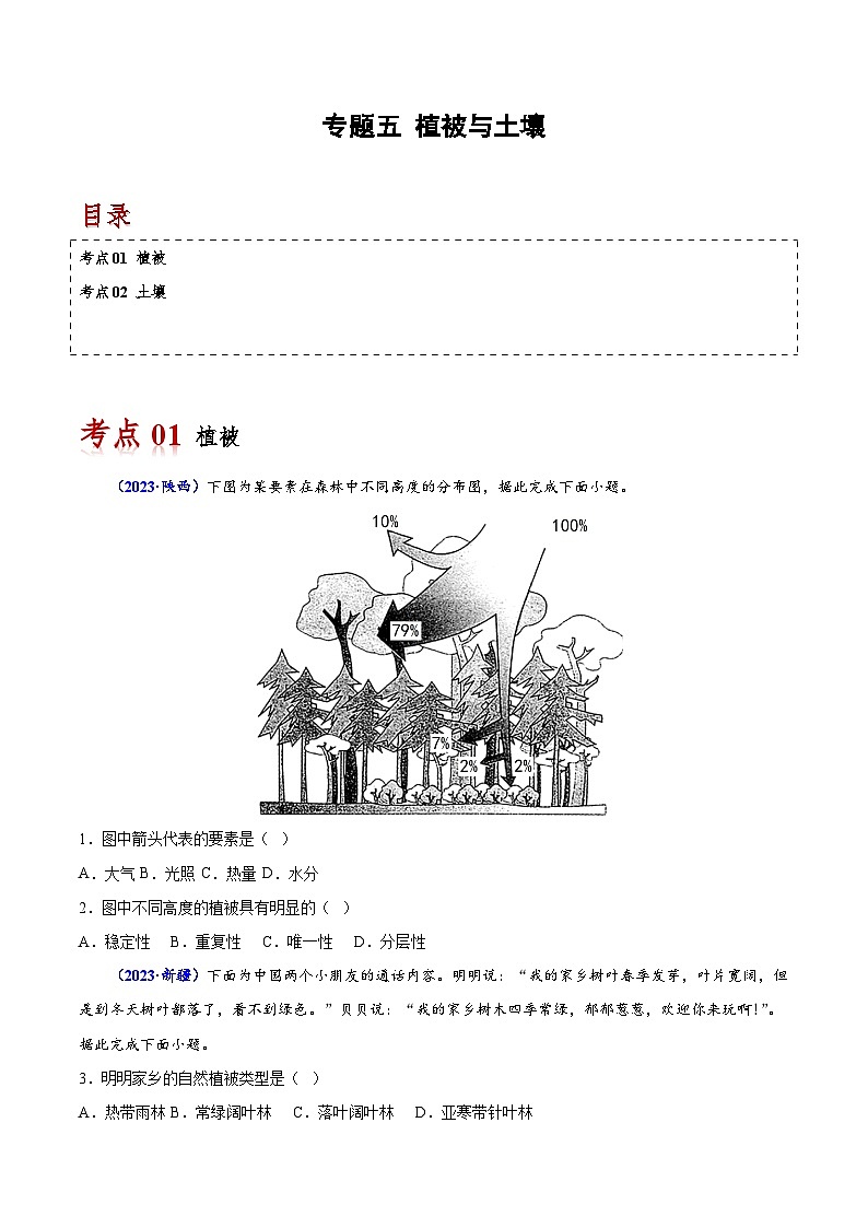 专题五 植被与土壤-备战2024年高中学业水平考试地理真题分类汇编（新教材通用）01