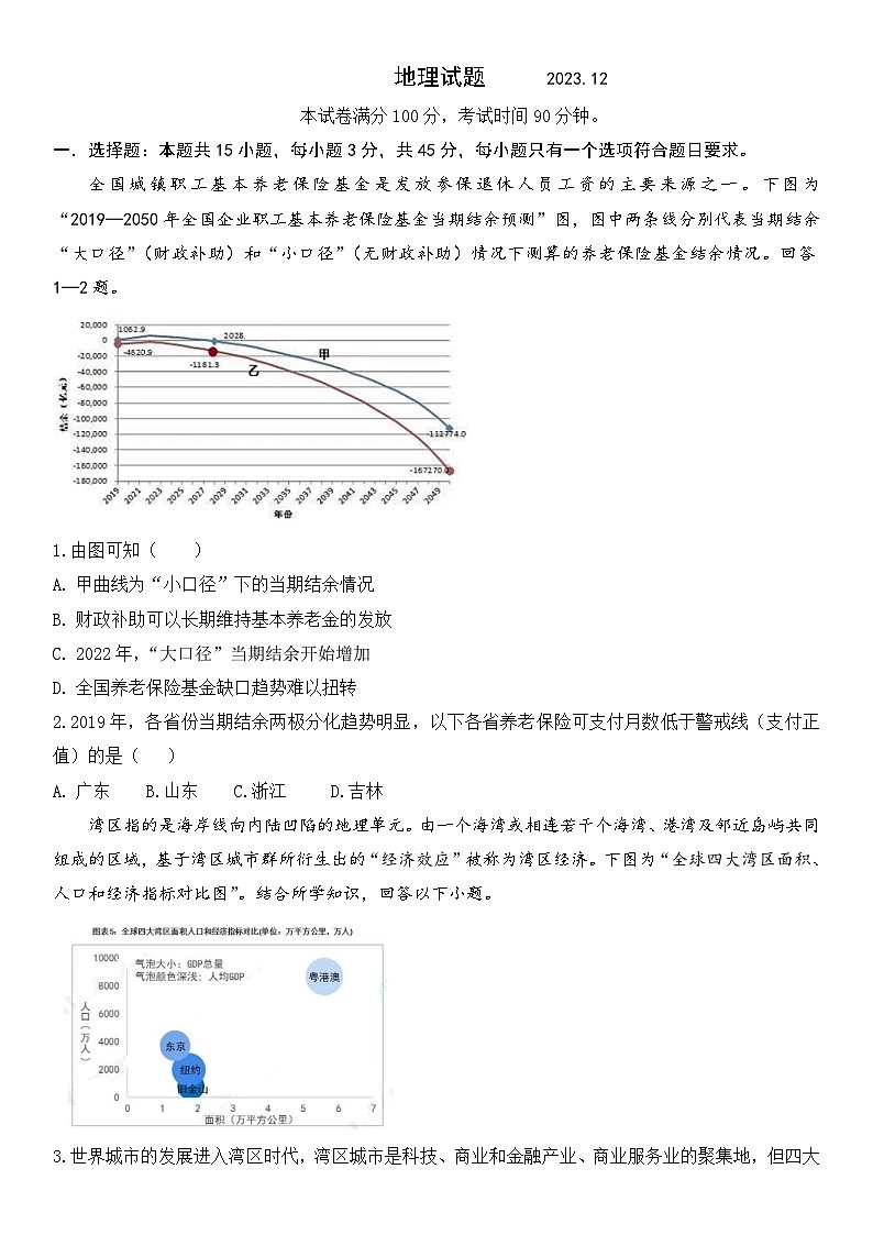 山东省高中名校2023-2024学年高三上学期12月统一调研考试地理试题第1页