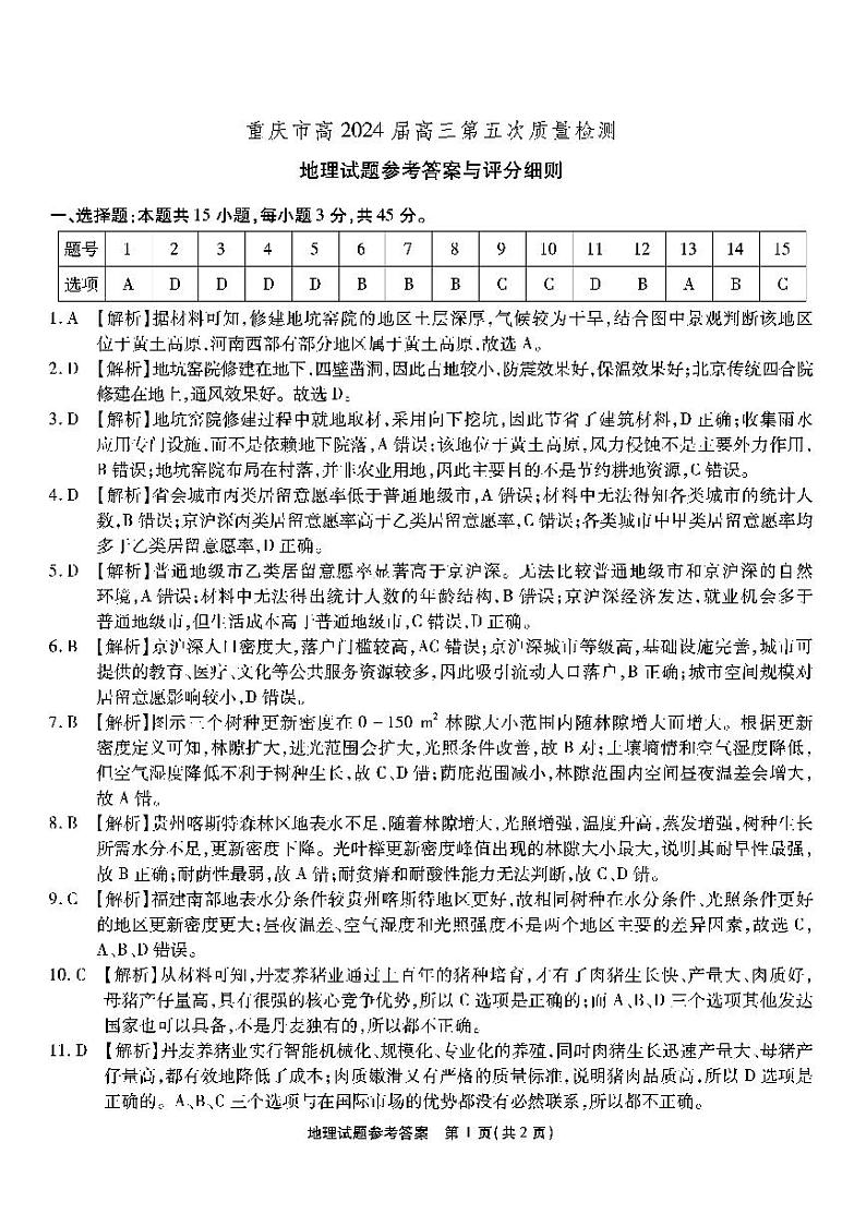 重庆市南开中学高2024届高三第五次质量检测地理01