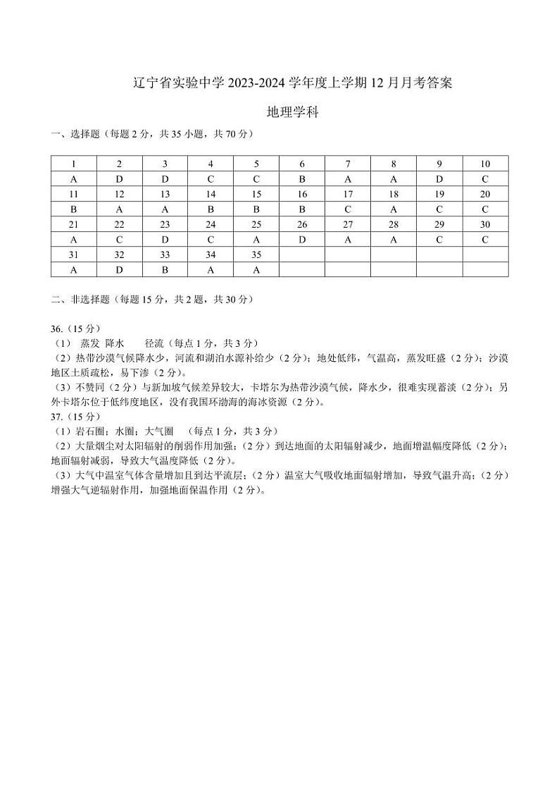 2024辽宁省实验中学高一上学期12月月考试题地理含答案01