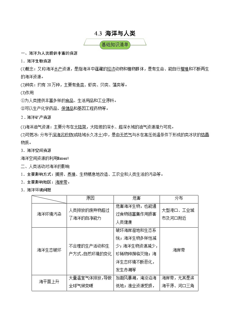 湘教版高中地理选修二4.3 《海洋与人类》课件+分层练习（原卷+解析卷）01