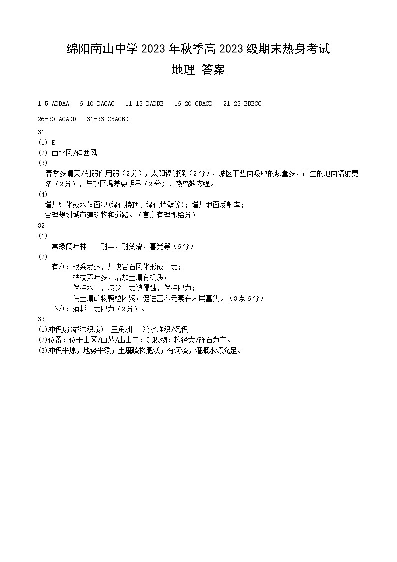 2024绵阳南山中学高一上学期期末热身考试地理PDF版含答案（可编辑）01