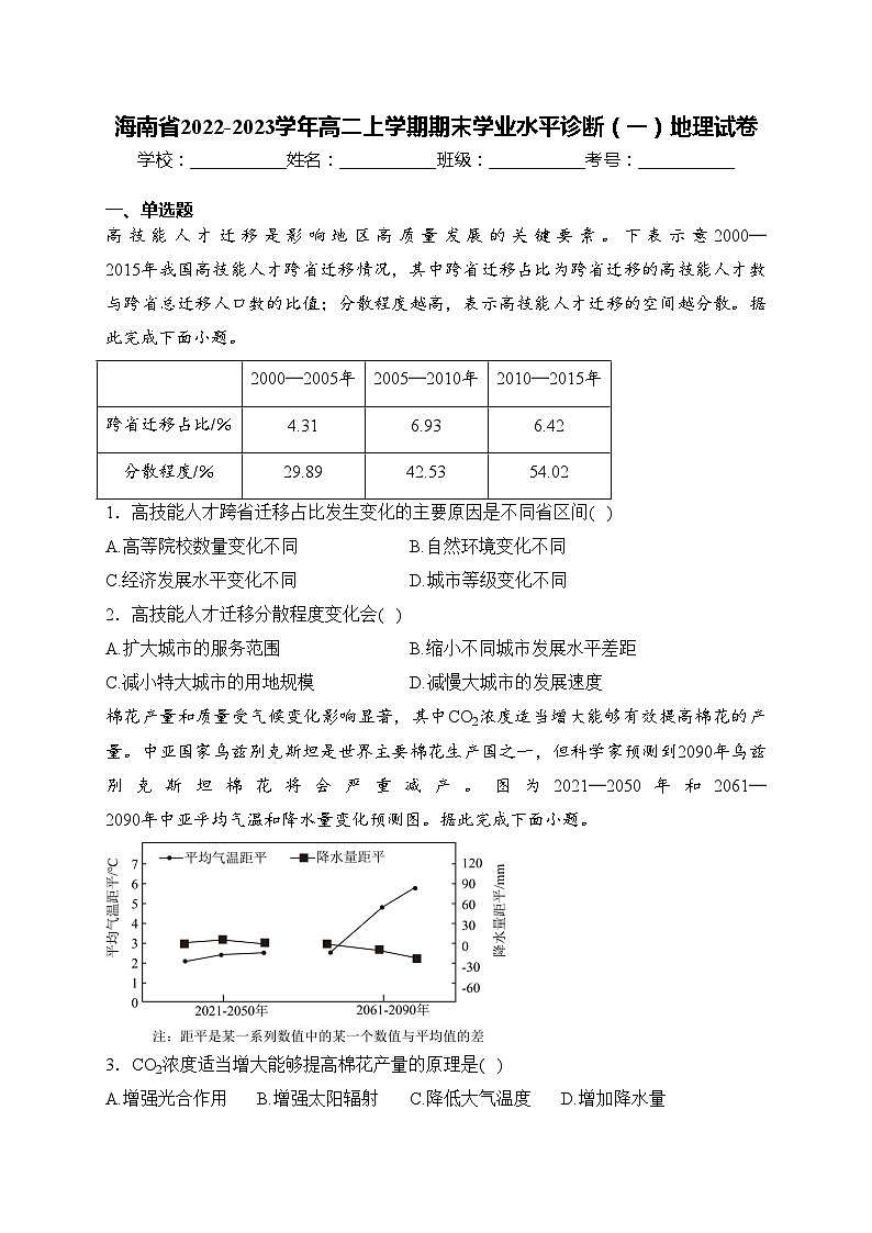 海南省2022-2023学年高二上学期期末学业水平诊断（一）地理试卷(含答案)第1页
