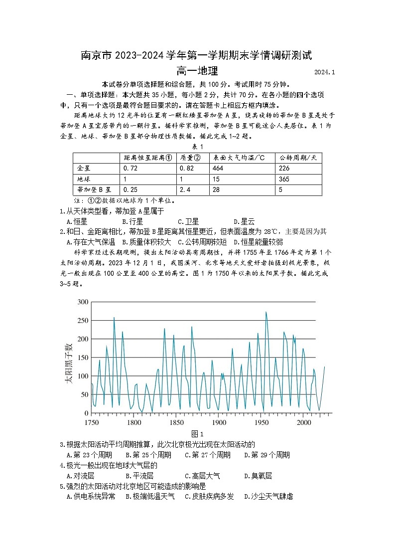 南京市2023-2024高一上学期期末地理试卷及答案第1页