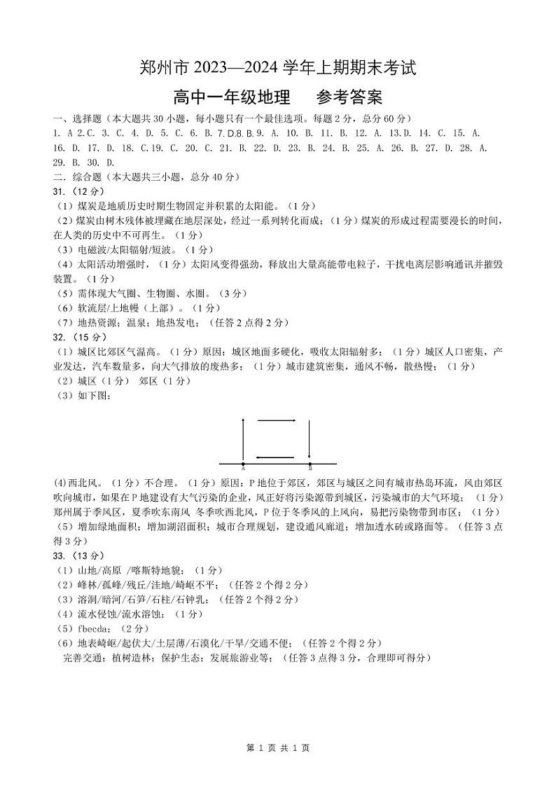 2024郑州高一上学期期末考试地理含答案01