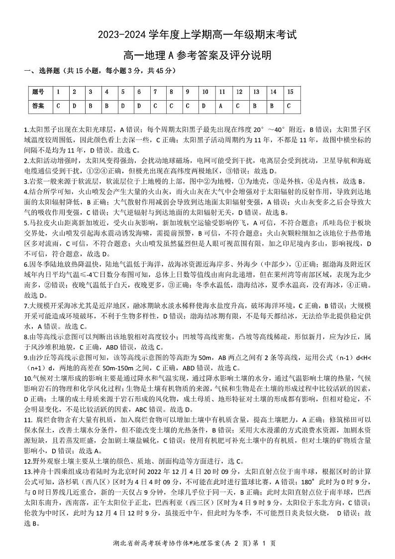 2024湖北省新高考联考协作体高一上学期期末考试地理（A卷）含答案01