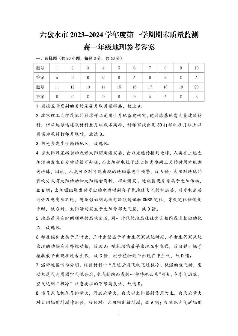 贵州省六盘水市2023-2024学年高一上学期1月期末考试地理试题（Word版附答案）01