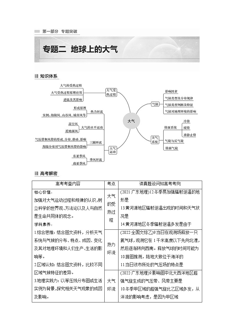 新高考地理二轮复习（新高考版） 第1部分 专题突破 专题2 考点1　大气的受热过程（教师版）第1页