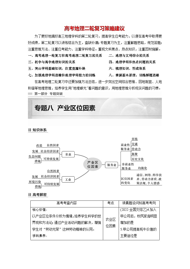 新高考版高考地理二轮复习（新高考版） 第1部分 专题突破 专题8 考点1　农业区位因素01