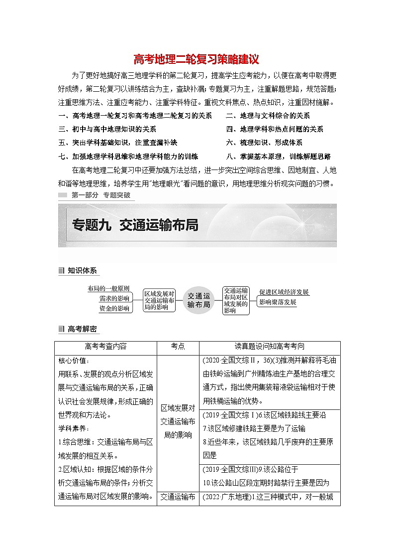 新高考版高考地理二轮复习（新高考版） 第1部分 专题突破 专题9 考点1　区域发展对交通运输布局的影响01