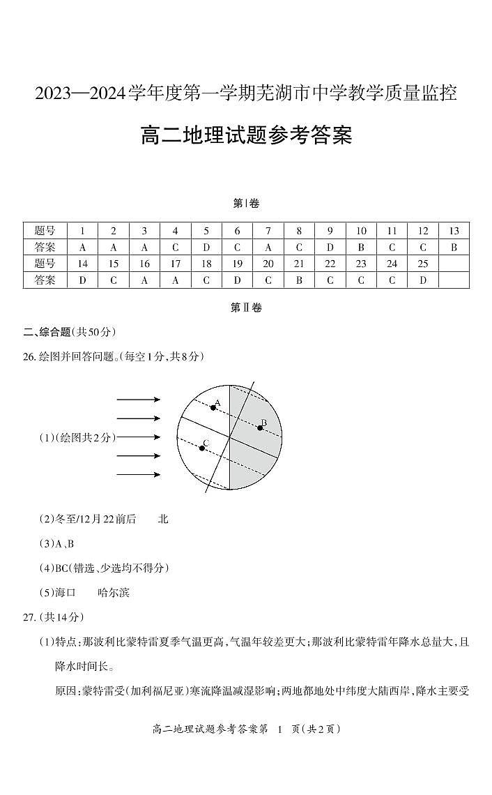 2024芜湖高二上学期期末考试地理含答案01