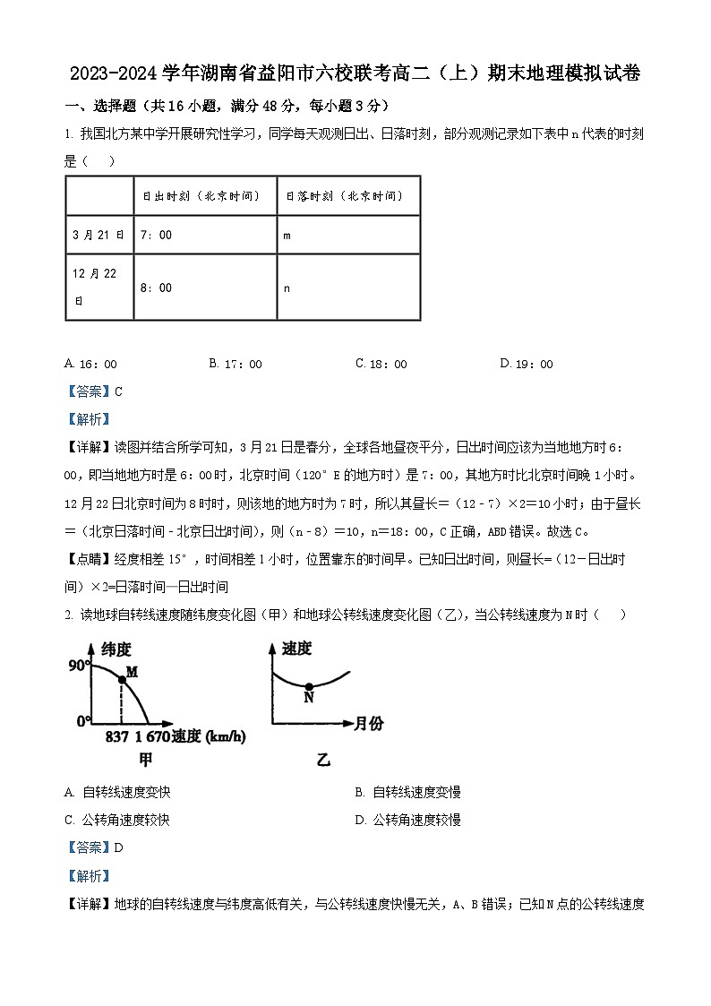 湖南省益阳市六校联考2023-2024学年高二上学期期末地理模拟试卷 Word版含解析01