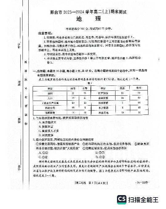 河北省邢台市2023-2024学年高二上学期1月期末地理试题01
