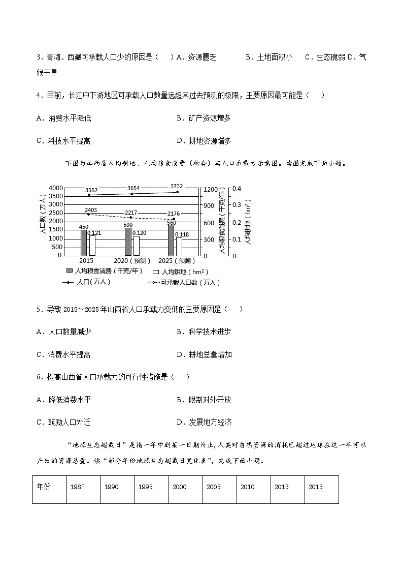 人教版（2019）高中地理必修二 第一章人口第三节人口容量 培优练（含解析）第2页
