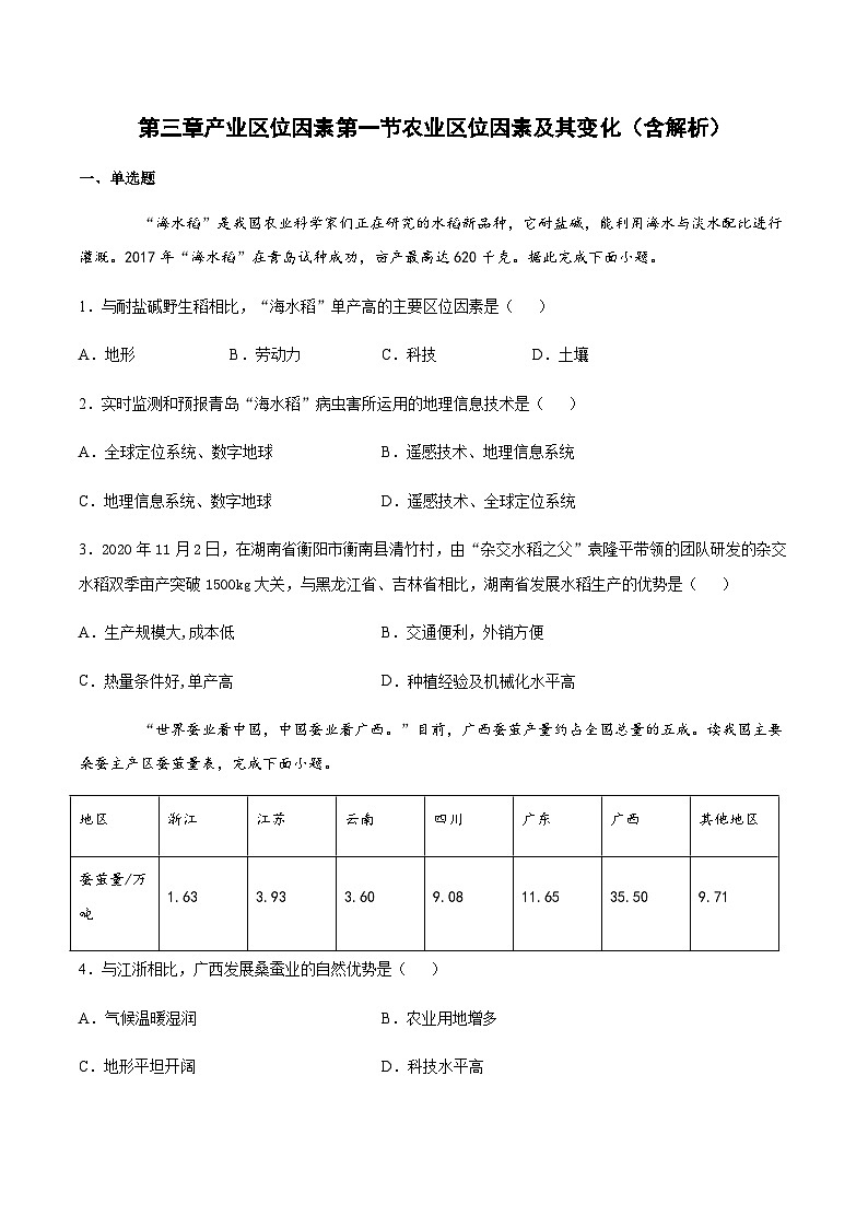 人教版（2019）高中地理必修2  3.1 农业区位因素及其变化 基础练（含解析）01