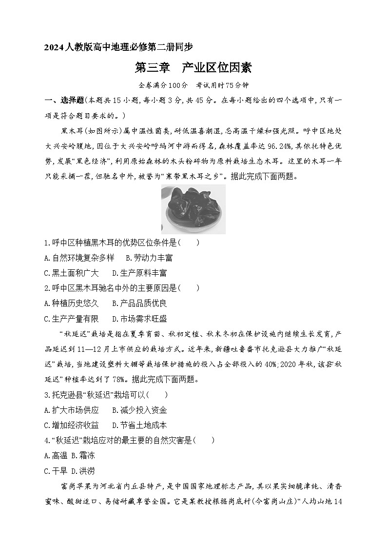 2024人教版高中地理必修第二册同步练习题--第三章　产业区位因素第1页