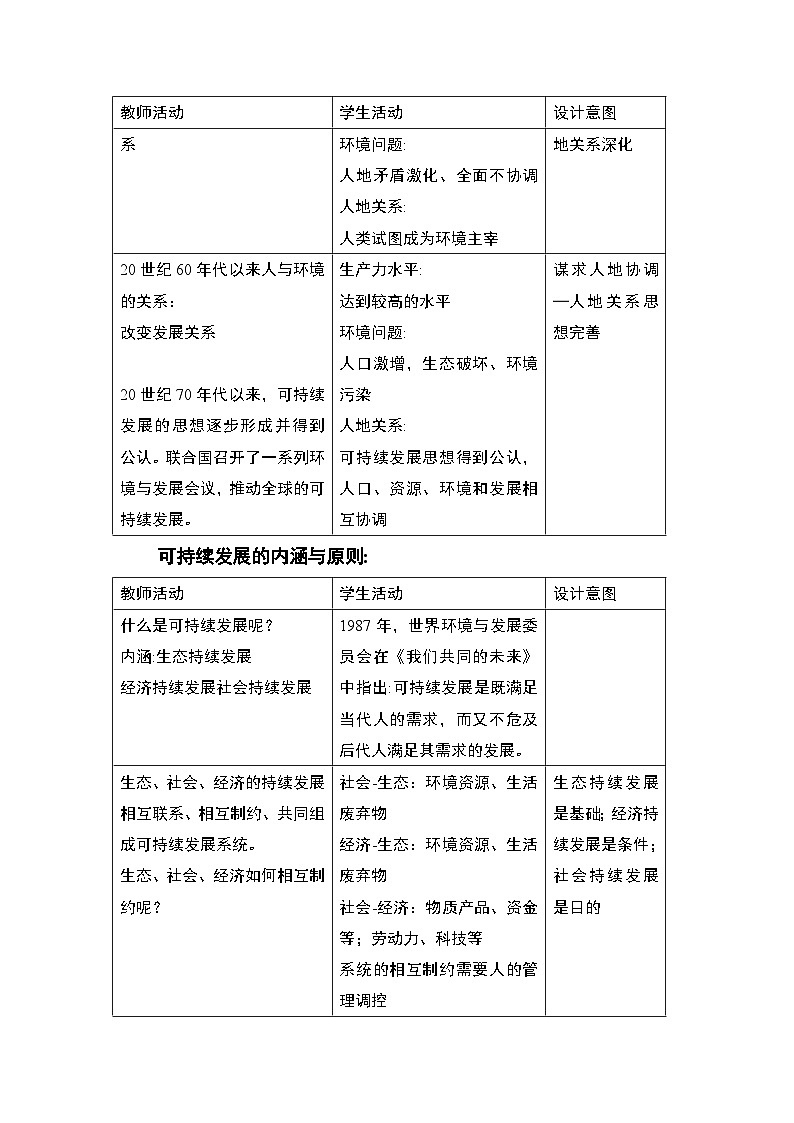 人教版（2019）高中地理 必修二 同步教案（表格式）5.2 走向人地协调——可持续发展 教案第3页