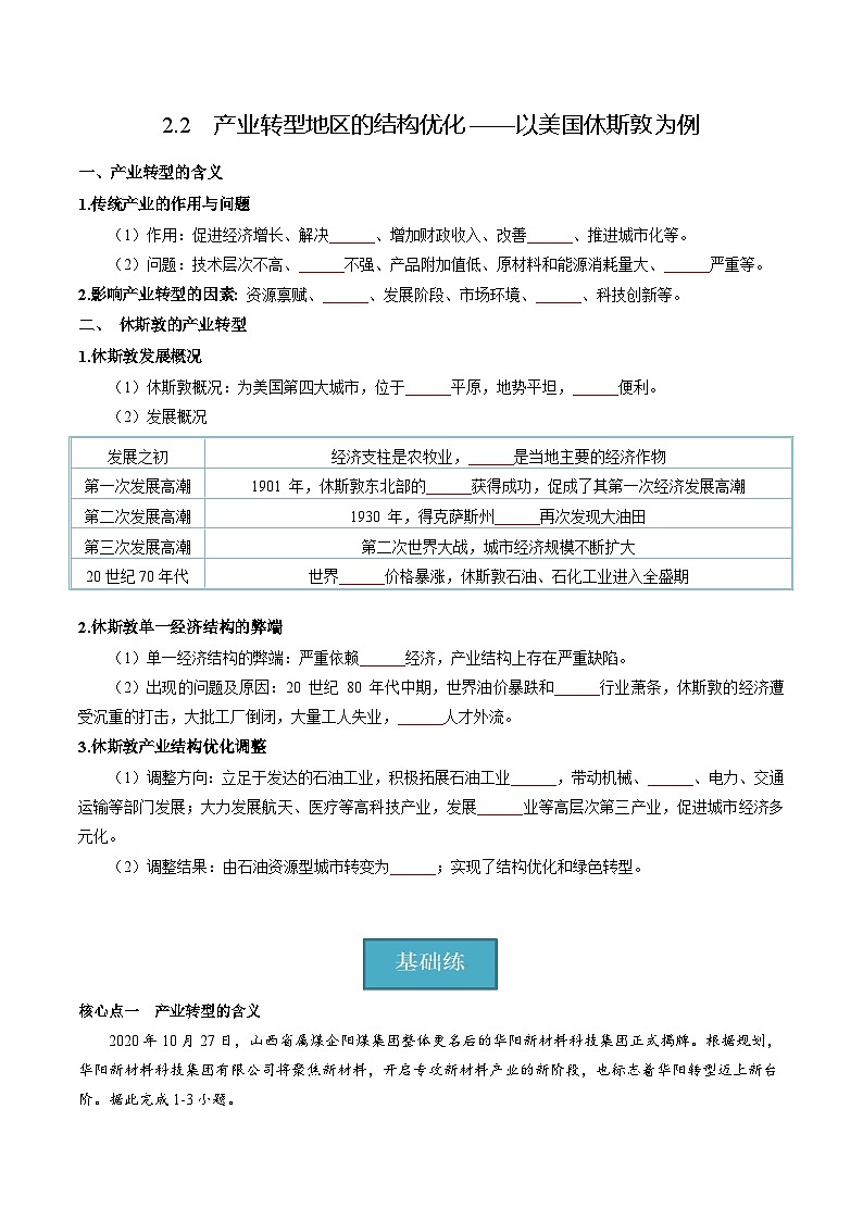 【湘教版】地理选择性必修2  2.2 产业转型地区的结构优化—以美国休斯敦为例（课件+分层练习）01