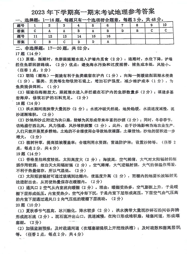湖南省长沙市宁乡市2023-2024学年高一上学期期末考试地理答案第1页