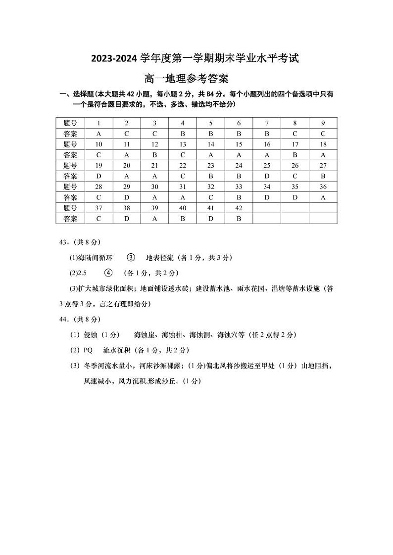 江苏省东台市2023-2024学年高一上学期期末考试地理试卷（Word版附答案）01