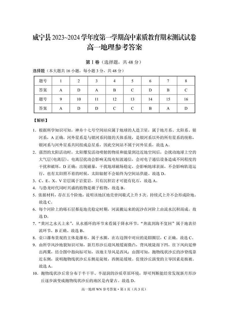 威宁县2023~2024学年度第一学期高中素质教育期末测试试卷高一地理-答案第1页