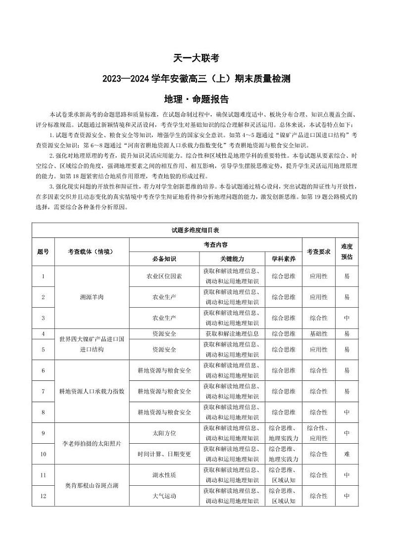 地理-安徽高三上期末命题报告第1页