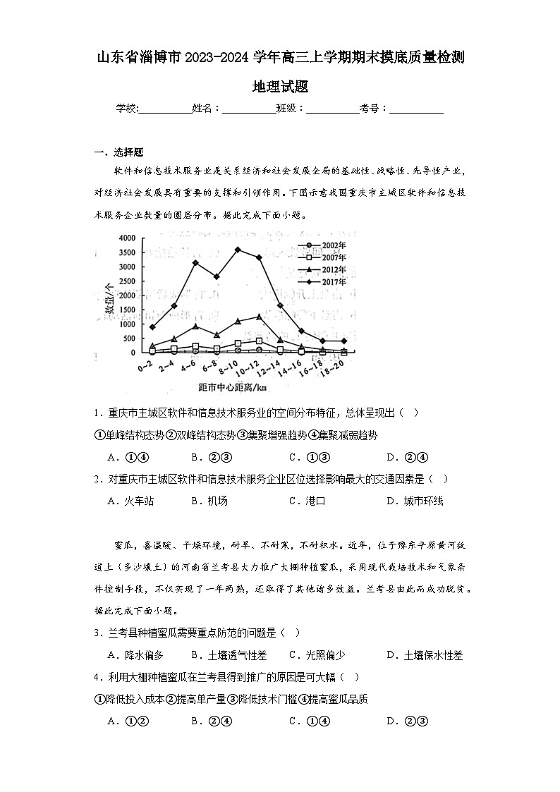 山东省淄博市2023-2024学年高三上学期期末摸底质量检测地理试题01