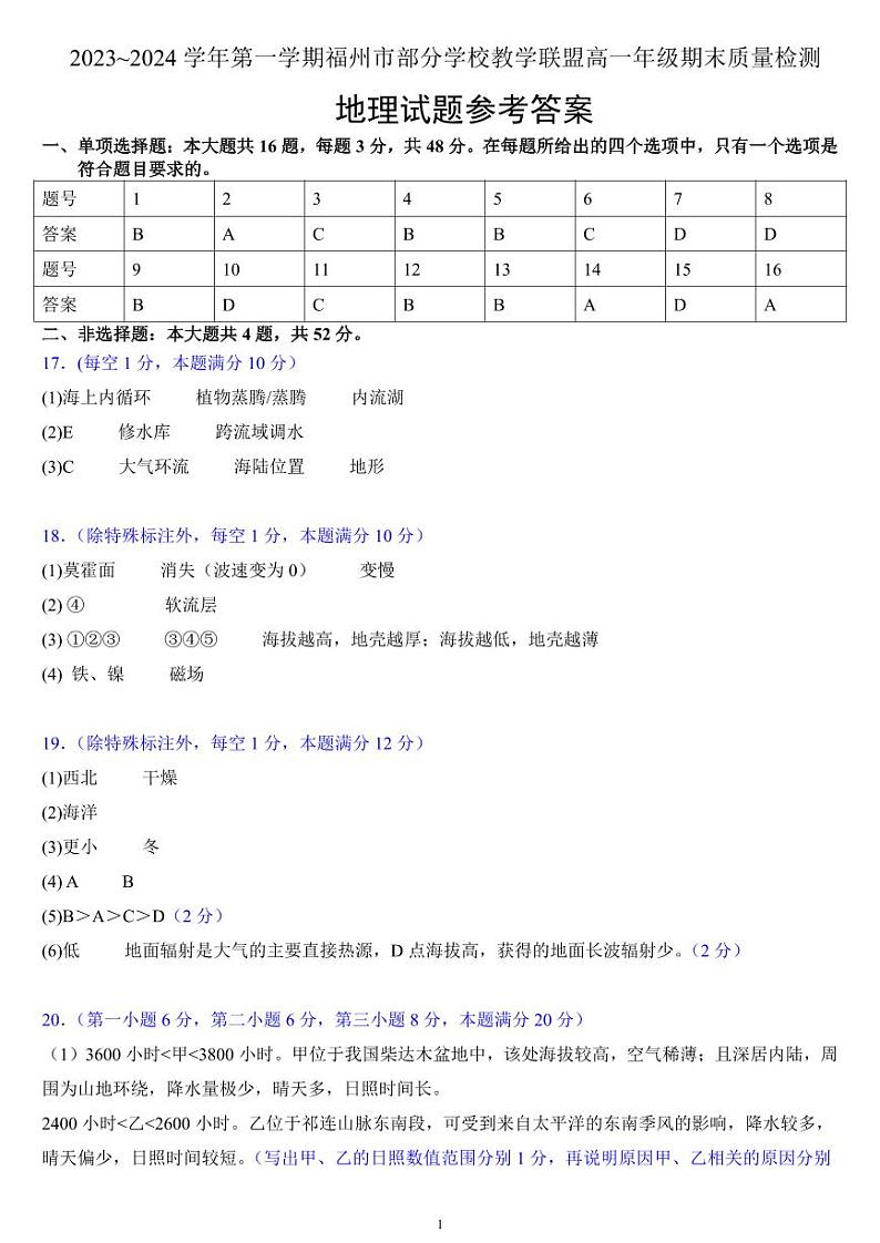 福建省福州市部分学校教学联盟2023-2024学年高一上学期期末质量检测地理试题01