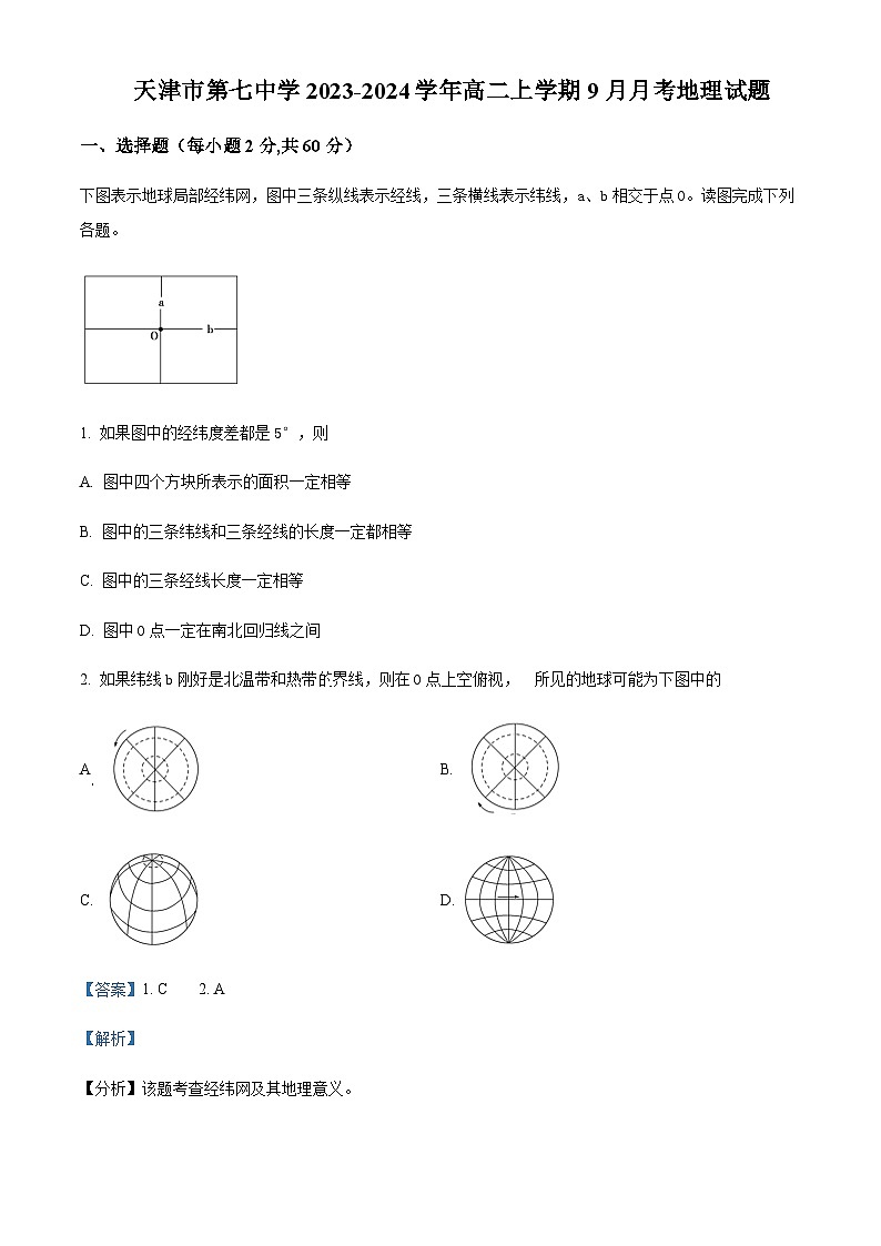 2023-2024学年天津市第七中学高二上学期9月月考地理试题含解析01
