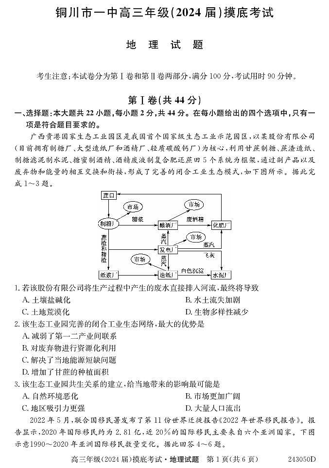 陕西省铜川市第一中学2023-2024 学年高三上学期摸底考试地理试题01