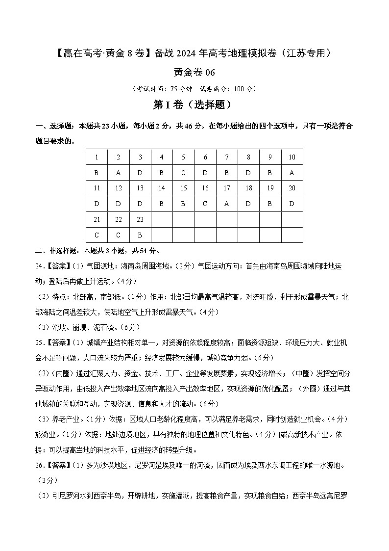 黄金卷06（江苏专用）-【赢在高考·黄金8卷】备战2024年高考地理模拟卷（江苏专用）01
