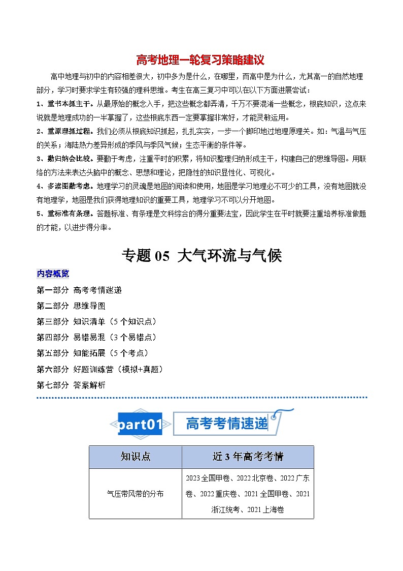 2024年高考地理一轮复习知识清单 专题05 大气环流与气候-【口袋书】01