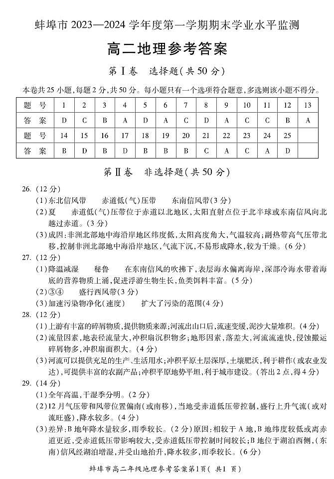 2024蚌埠高二上学期期末考试地理含答案01