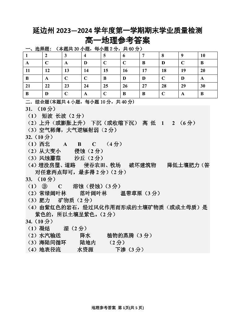 高一地理参考答案(2024.1.8）第1页
