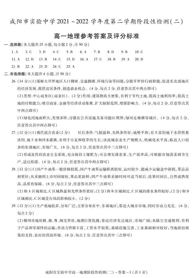 陕西省咸阳市实验中学2021-2022学年高一下学期阶段检测（月考）（二）地理试题01