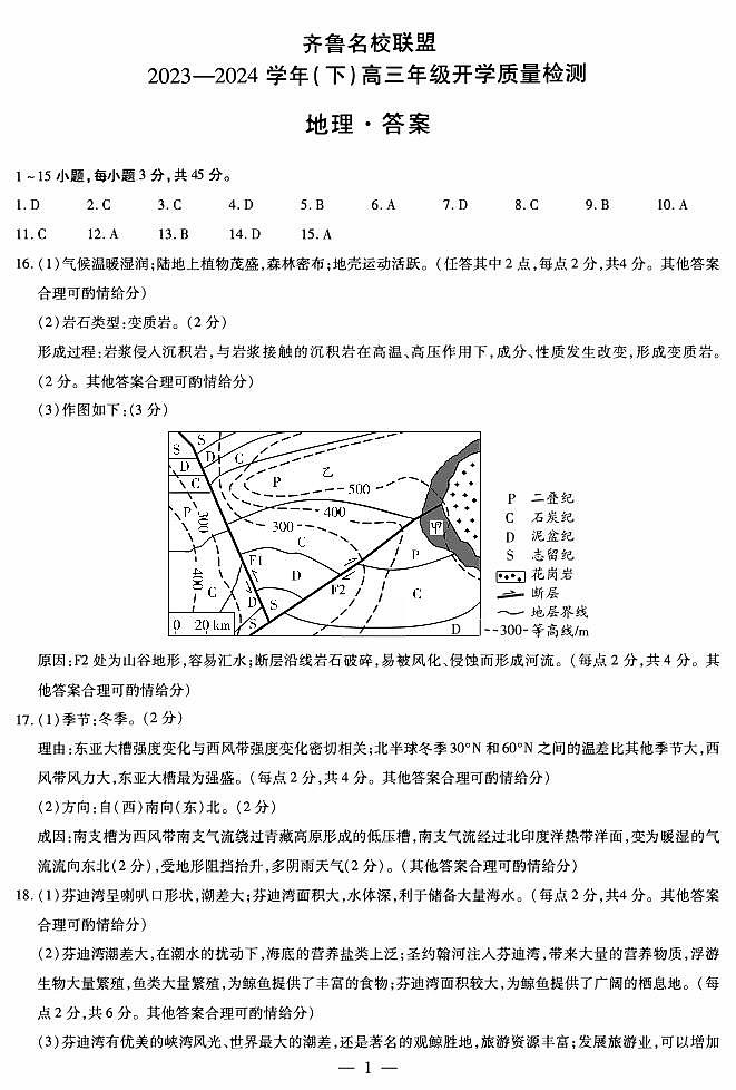 山东省齐鲁名校联盟2023-2024学年高三下学期开学质量检测地理试卷（PDF版附答案）01